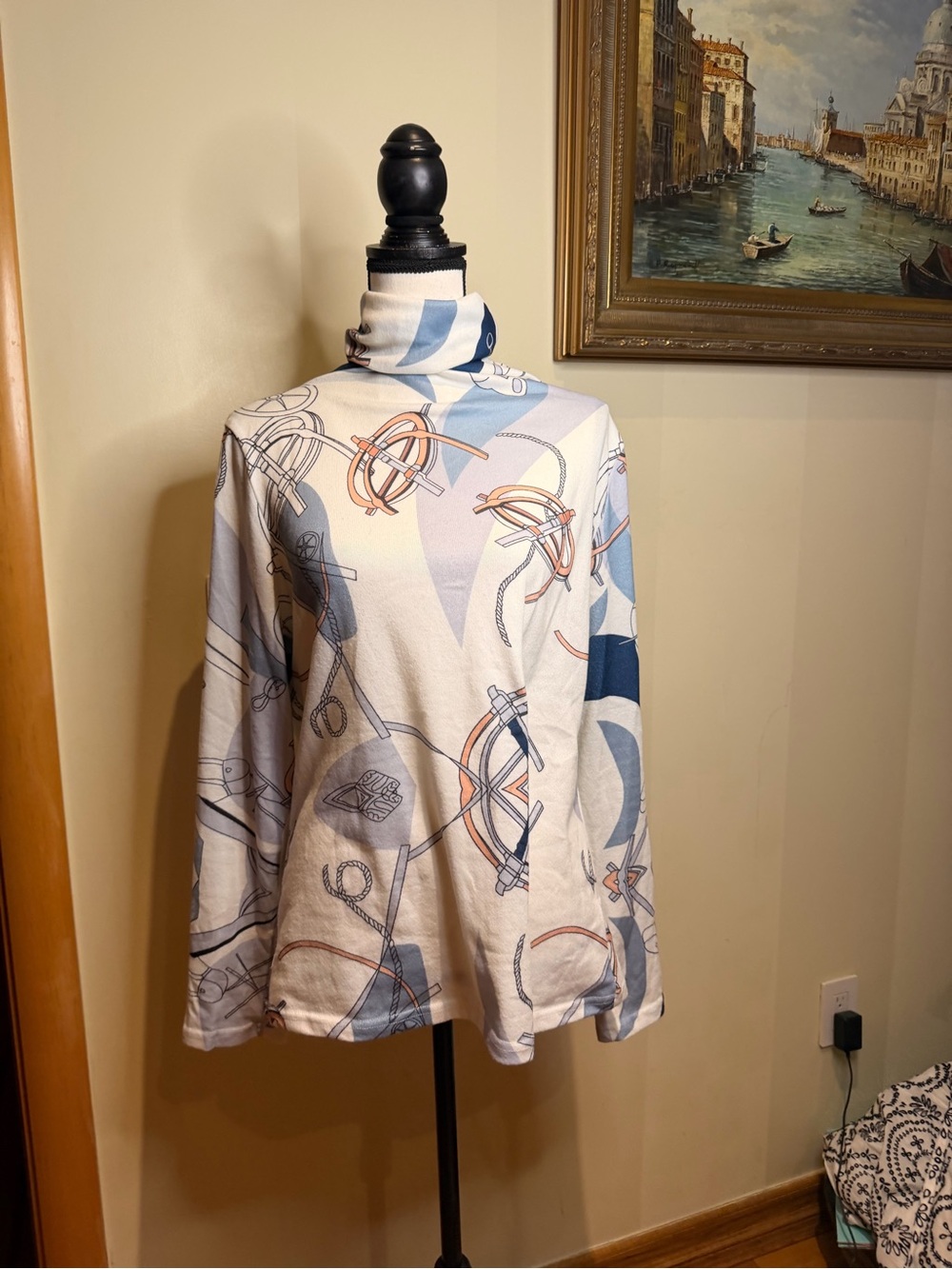 Zara Cream Turtleneck Sweater with Blue and Brown Nautical Print